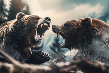 Intense Action Scene of Brown Bears, Wild Animals Fighting - obrazy, fototapety, plakaty