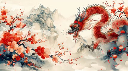 An elegant oriental illustration for cover, banner, website. Year of the dragon design with geometric shape, oriental pattern, red, white and yellow flowers. - obrazy, fototapety, plakaty