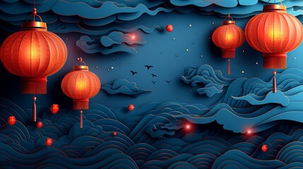 Background for Chinese New Year cover or banner with Chinese pattern, lantern, clouds, wind, and sparkles. Futuristic oriental illustration suitable for a cover, banner, website or social media post. - obrazy, fototapety, plakaty