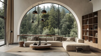 Fototapeta premium Contemporary Living Room with Forest View