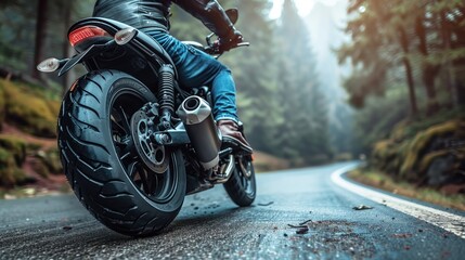 Motorcycle rider on the road in the autumn forest. The concept of extreme sports.