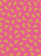 Lime green bow seamless repeat pattern on pink background. Trendy, retro hand drawn, vector ribbon aop, all over surface print. 