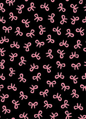 Pink bow seamless repeat pattern on black background. Trendy, retro hand drawn, vector ribbon aop, all over surface print. 