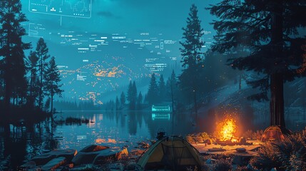 Depict a serene wilderness camping setting infused with futuristic technologies in a traditional oil painting style Highlight a campfire surrounded by holographic displays, giving a unique side view p