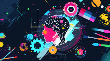 Creative Synapse: An Explosive Collage of Colorful Ideas Flowing from a Human Brain Illustration, Symbolizing Innovation and Thought Processes