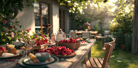 wooden table with raspberries and other fruits with brunch decorations in beautiful czech garden - Powered by Adobe