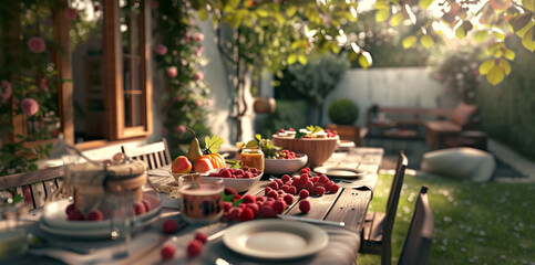 wooden table with raspberries and other fruits with brunch decorations in beautiful czech garden