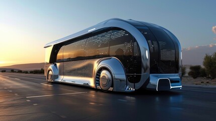 A large futuristic bus on autopilot. Future technologies. - obrazy, fototapety, plakaty