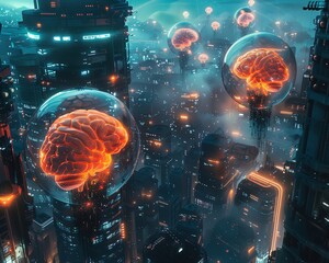 Explore a high-angle view of a futuristic cityscape featuring holographic displays merging with human brains, captured in photorealistic digital rendering
