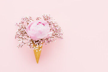 Pink peony and gypsophila in waffle ice cream cone on a pink background