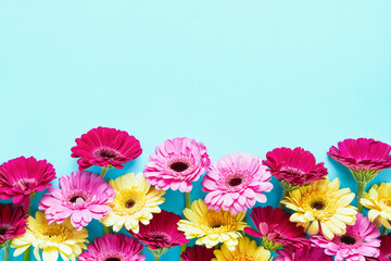 Border of pink and yellow gerberas on a blue background. Copy space