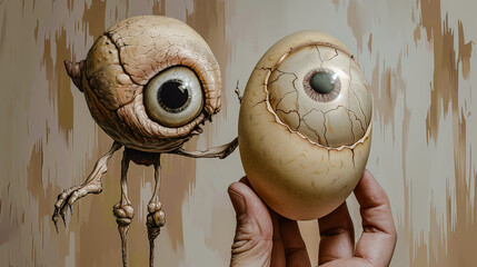 Cracked Reality Abstract Surreal Exploration of Perception with Egg-Shaped Eyeballs and Skeleton Figures  Wallpaper Digital Art Poster Brainstorming Map Magazine Background Cover