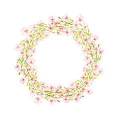 Pink flowers small field frame, wreath, watercolor illustration. Summer meadow with floral print and wildflowers. Isolated from the background. For designing cards, invitations, wedding decor,