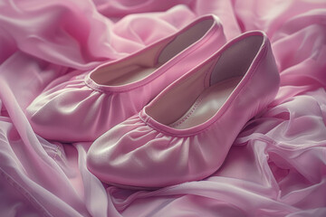 Soft pastel pink ballet flats on a pale lavender background, representing elegance and femininity....