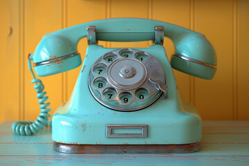 Light mint green vintage telephone on a pastel yellow backdrop, evoking nostalgia and retro charm. Generative Ai.