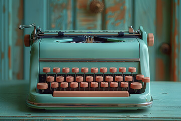 Powder pink vintage typewriter on a pastel green surface, reflecting creativity and nostalgia for analog writing. Generative Ai.