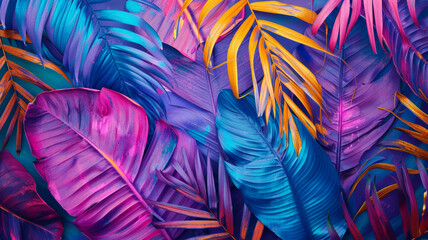 Tropical bright colorful background with exotic painted tropical palm leaves. Minimal fashion...