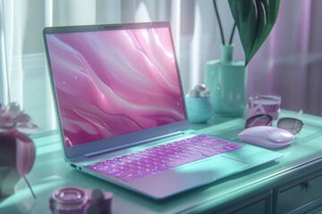 Pale turquoise laptop with pastel purple keyboard keys on a pastel green desk, symbolizing productivity and creativity. Generative Ai.