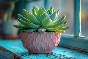 Soft pastel green succulent plant in a pastel pink pot on a pastel blue windowsill, bringing a touch of nature indoors. Generative Ai.
