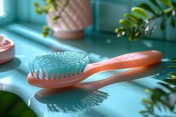 Light coral-colored hairbrush with pastel blue bristles on a pastel green vanity table, symbolizing self-care and grooming. Generative Ai.