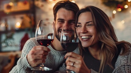 Happy Caucasian married couple savors wine together during a cozy home date