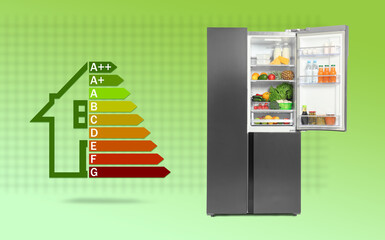Energy efficiency rating label and refrigerator on green background