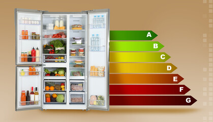 Energy efficiency rating label and open refrigerator on beige background, banner design