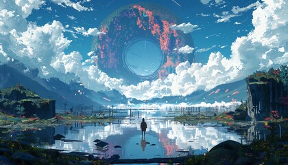 Infuse the unexpected with a mix of pixel art and distorted camera angles Illustrate a futuristic setting intertwined with psychological elements from a unique perspective