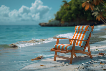 Pale turquoise beach chair with pastel orange stripes on a pastel blue sandy beach, symbolizing relaxation and leisure. Generative Ai.