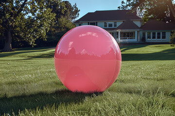 Soft pastel pink beach ball on a pastel green lawn, evoking fun and playfulness in outdoor activities. Generative Ai.