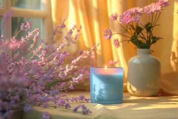 Light lavender candle with pastel blue packaging on a pastel yellow nightstand, creating a soothing atmosphere. Generative Ai.