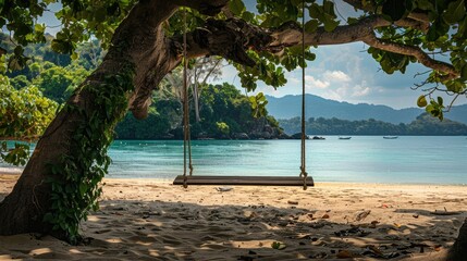 A wooden swing hangs from a tree on a beach, overlooking the water with boats sailing in the...