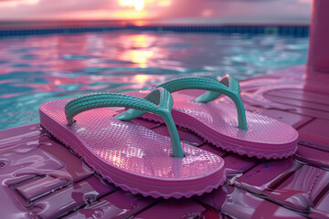 Pastel pink flip-flops with pastel green straps on a pastel purple poolside deck, representing summertime and vacations. Generative Ai.