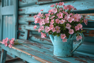 Pale turquoise watering can with pastel pink flowers on a pastel green garden bench, representing care and nurturing of plants. Generative Ai.