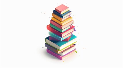 A beautiful isometric set of books stacked in a spiral tower, illuminating the essence of literature on a model isolated white background
