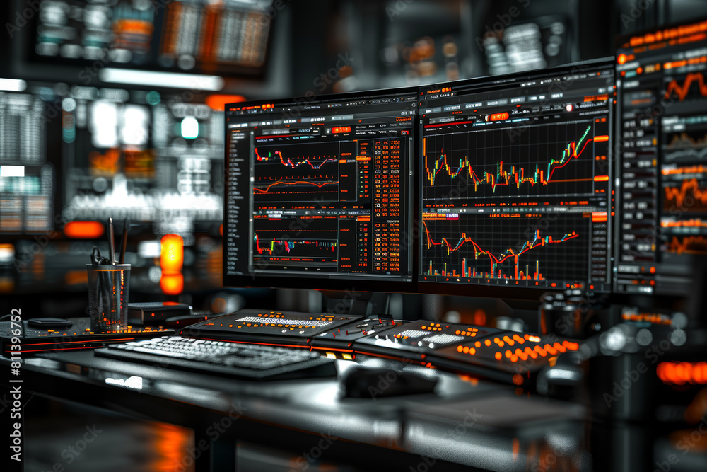 Poster trading terminals with multiple windows open, showcasing the complexity of financial analysis and de