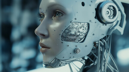 Contemplative Cyborg, Close-Up of a Female Robot's Face with Intricate Mechanical Parts and Reflective Surfaces