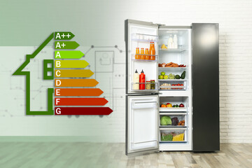 Energy efficiency rating label and open refrigerator indoors
