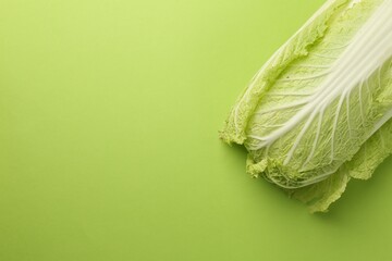 Fresh ripe Chinese cabbage on light green background, top view. Space for text