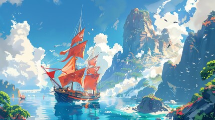 Set sail to an imaginative realm where Isekai and Maritime adventures collide, visualized through a digital masterpiece Engage viewers with unexpected camera angles, showcasing intricate vector detail