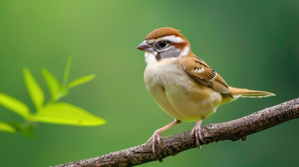 Eurasian Tree Sparrow Sitting on a branch with a green backdrop