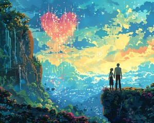 Show a love tale in an unconventional way, mixed with blockchain symbols, using unexpected camera views Pixel art