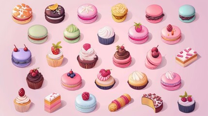 A kawaii isometric set of colorful desserts, from macarons to cupcakes, sweetening the view on a model isolated solid background