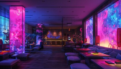 Step into a futuristic dining experience with a 360deg view of a virtual reality culinary journey, illuminated by a mix of glitch art and photorealistic lighting effects that captivate the senses