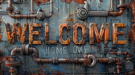Welcome home graffiti on an abandoned old city wall