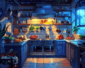 Transport your audience to a vibrant digital kitchen through a wide-angle perspective, showcasing culinary art in pixel art style enhanced by  lighting techniques