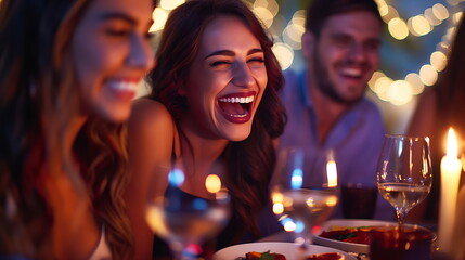 A group of friends laughs together around a table adorned with a candle, wine glasses, and a festive meal, clearly enjoying a convivial evening under twinkling lights - Generative AI