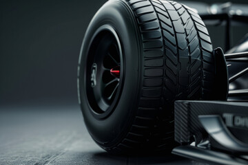 Neum&aacute;tico de coche de formula uno, primer plano de una rueda de coche de formula uno,