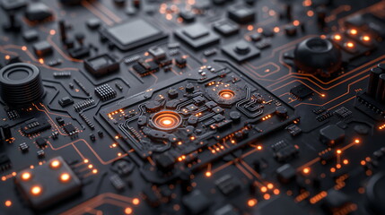 A detailed view of a circuit board with glowing orange and red lights, showcasing the intricate pathways and electronic components - Generative AI