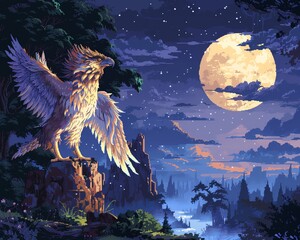 Visualize a majestic griffin showing off its martial arts prowess in a serene moonlit forest, experimenting with pixel art and glitch art for a modern twist on legendary folklore